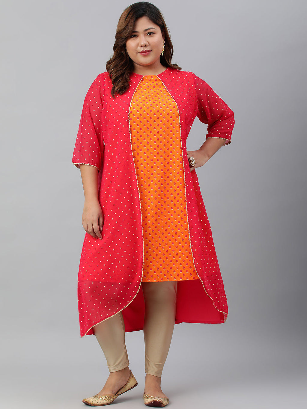 Janasya Women's Orange Poly Crepe Floral Print Festive & Party A-Line With Attached Jacket kurta