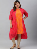 Janasya Women's Orange Poly Crepe Floral Print Festive & Party A-Line With Attached Jacket kurta