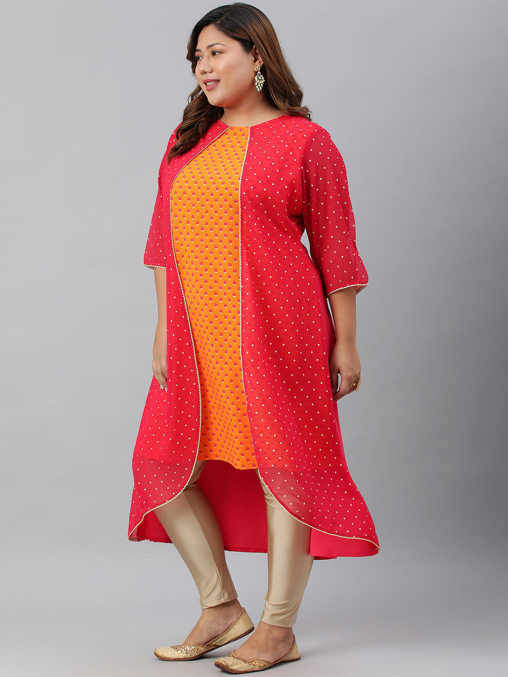 Janasya Women's Orange Poly Crepe Floral Print Festive & Party A-Line With Attached Jacket kurta