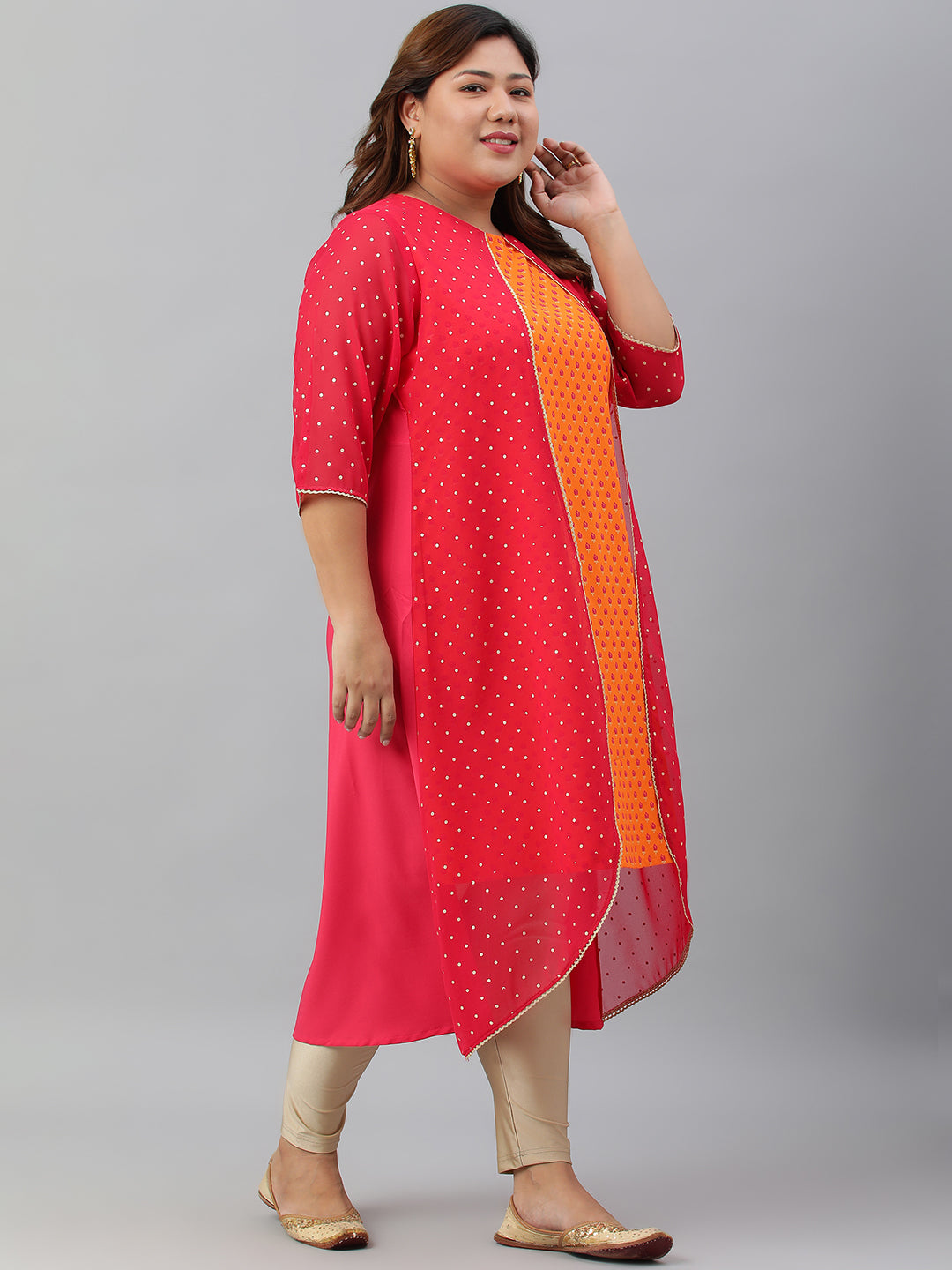 Janasya Women's Orange Poly Crepe Floral Print Festive & Party A-Line With Attached Jacket kurta