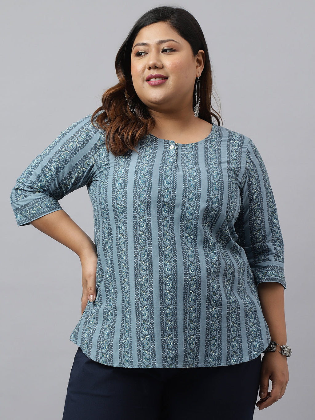 Janasya Women's Grey Cotton Floral Print Casual Regular Top
