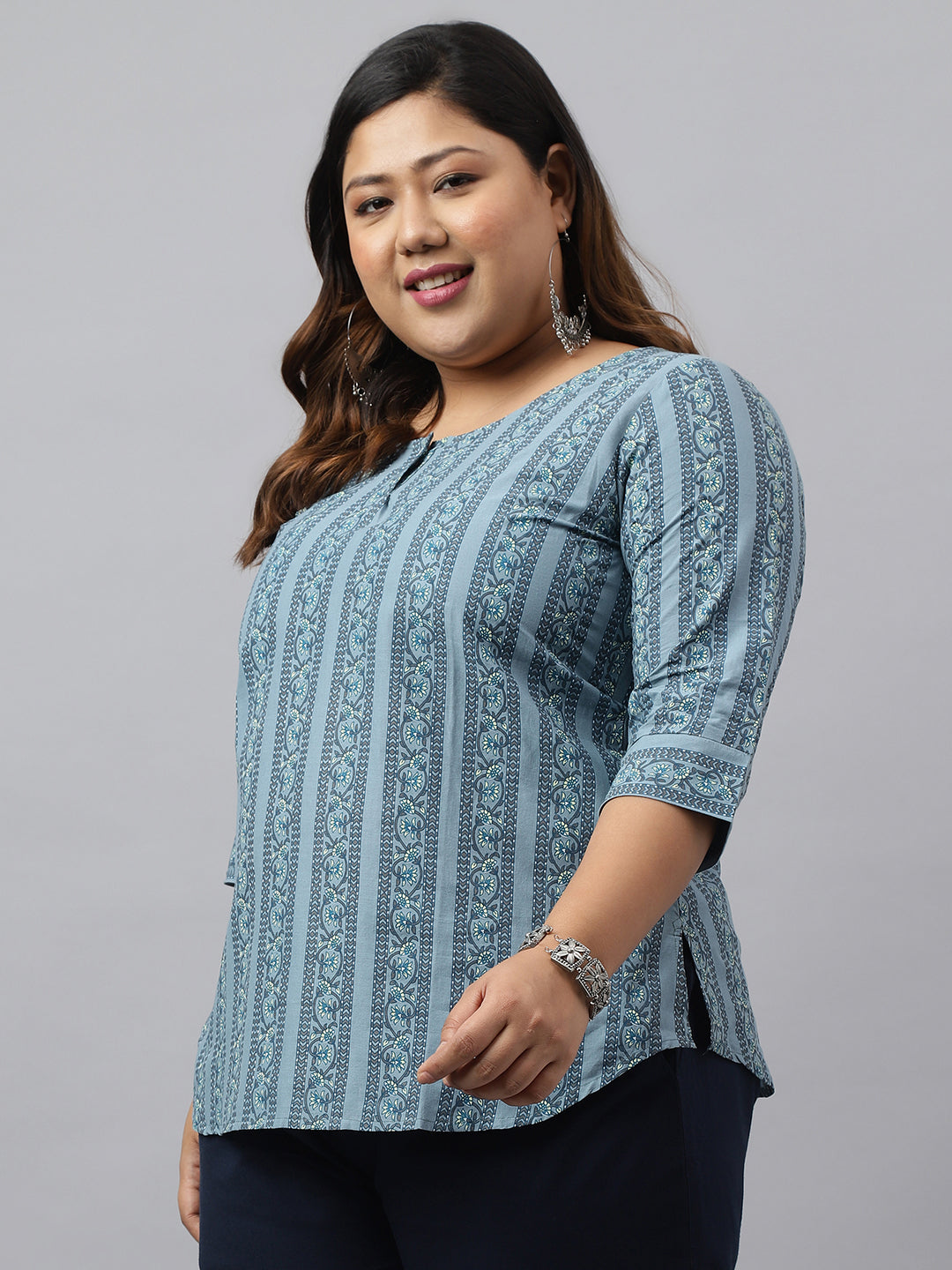 Janasya Women's Grey Cotton Floral Print Casual Regular Top