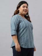 Janasya Women's Grey Cotton Floral Print Casual Regular Top