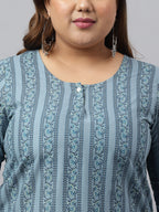 Janasya Women's Grey Cotton Floral Print Casual Regular Top