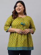 Janasya Women's Green Cotton Floral Printed Casual Gathered Tunic