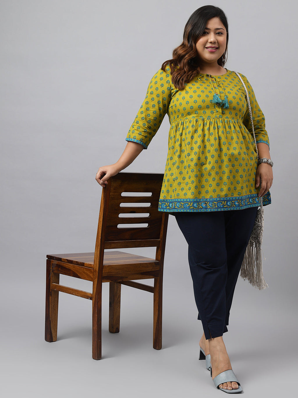 Janasya Women's Green Cotton Floral Printed Casual Gathered Tunic