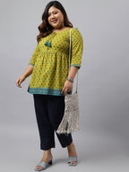 Janasya Women's Green Cotton Floral Printed Casual Gathered Tunic