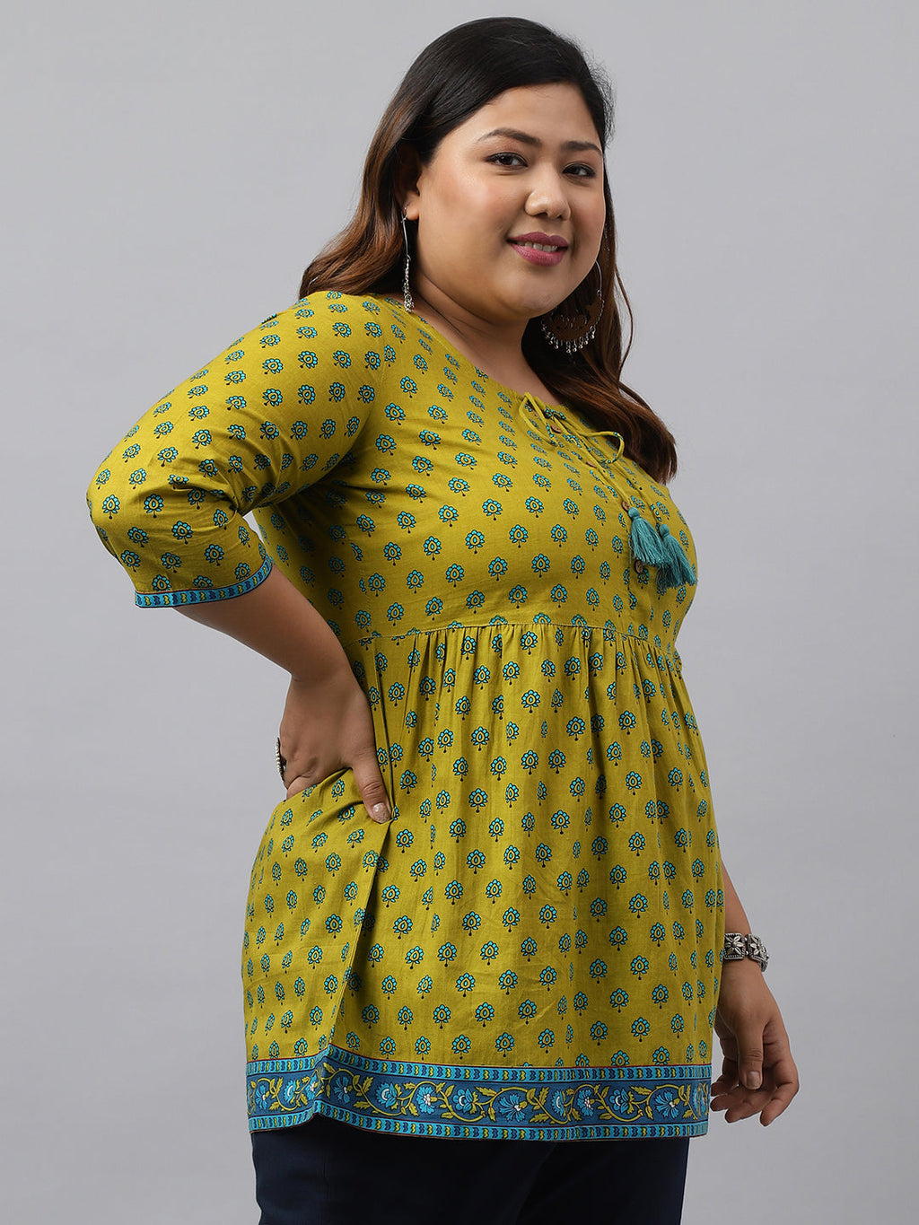 Janasya Women's Green Cotton Floral Printed Casual Gathered Tunic