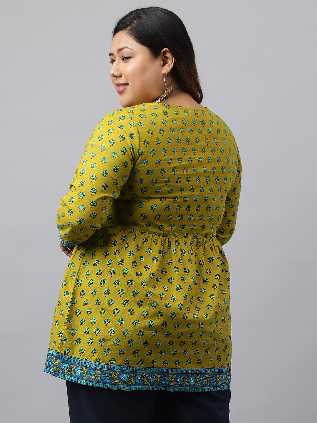 Janasya Women's Green Cotton Floral Printed Casual Gathered Tunic
