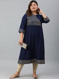 Janasya Women's Navy Blue Poly Crepe Ethnic Motifs Festive & Party A-line kurta