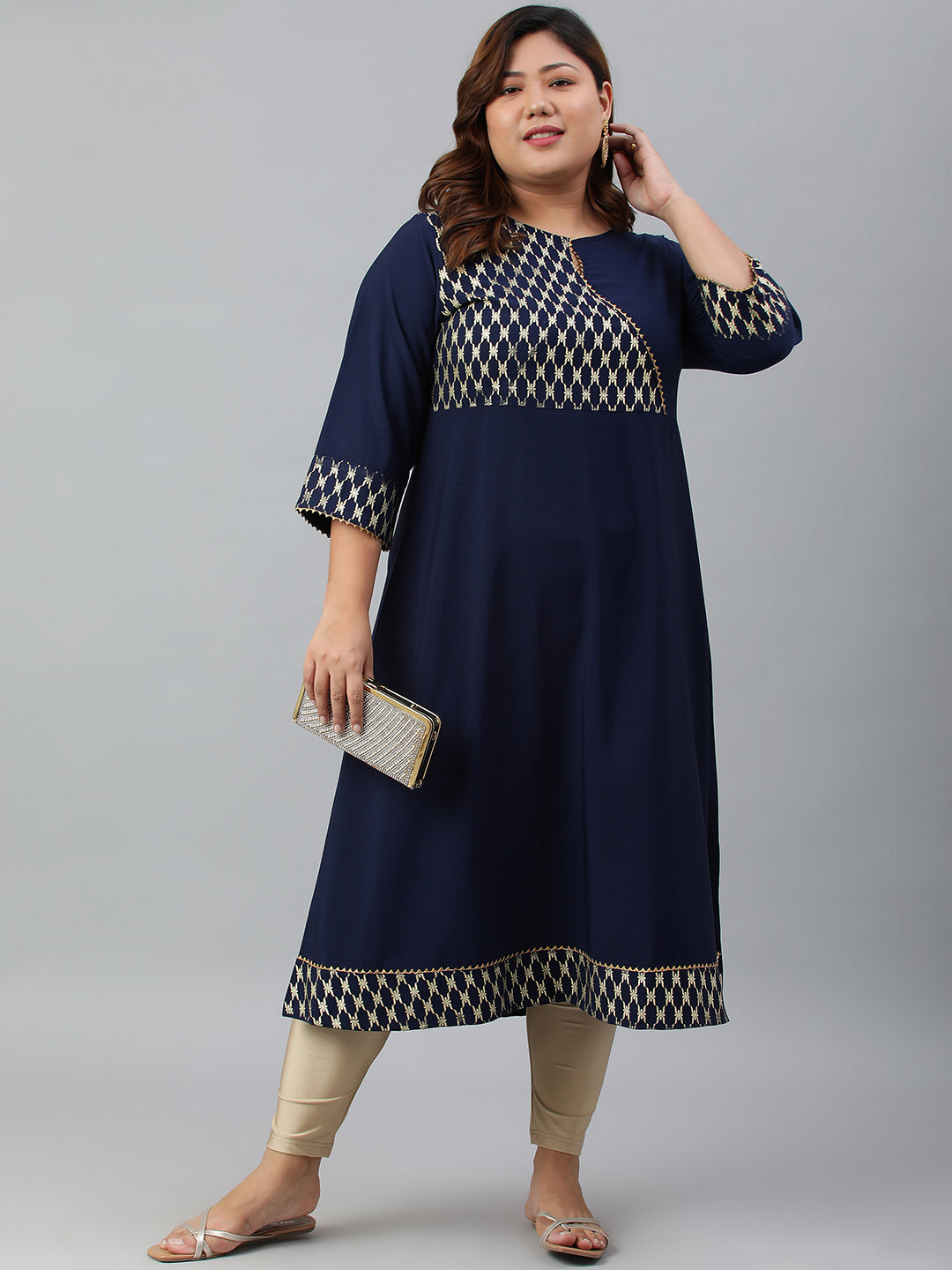 Janasya Women's Navy Blue Poly Crepe Ethnic Motifs Festive & Party A-line kurta
