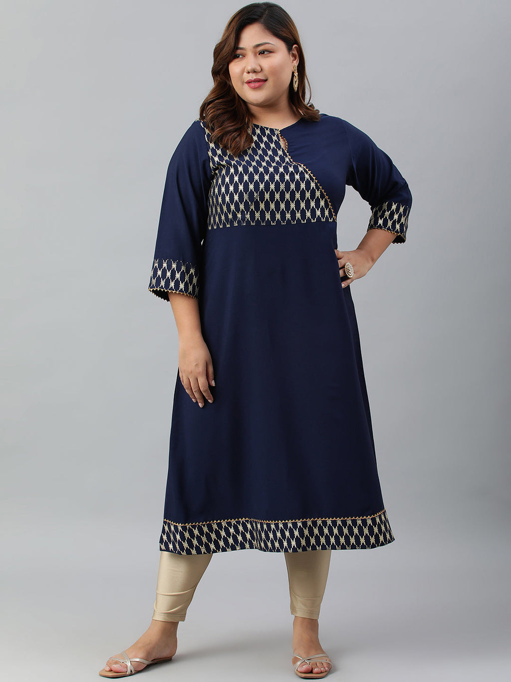 Janasya Women's Navy Blue Poly Crepe Ethnic Motifs Festive & Party A-line kurta