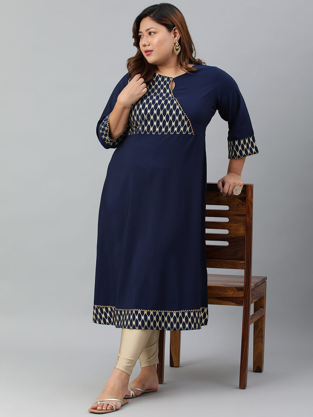 Janasya Women's Navy Blue Poly Crepe Ethnic Motifs Festive & Party A-line kurta