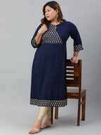 Janasya Women's Navy Blue Poly Crepe Ethnic Motifs Festive & Party A-line kurta