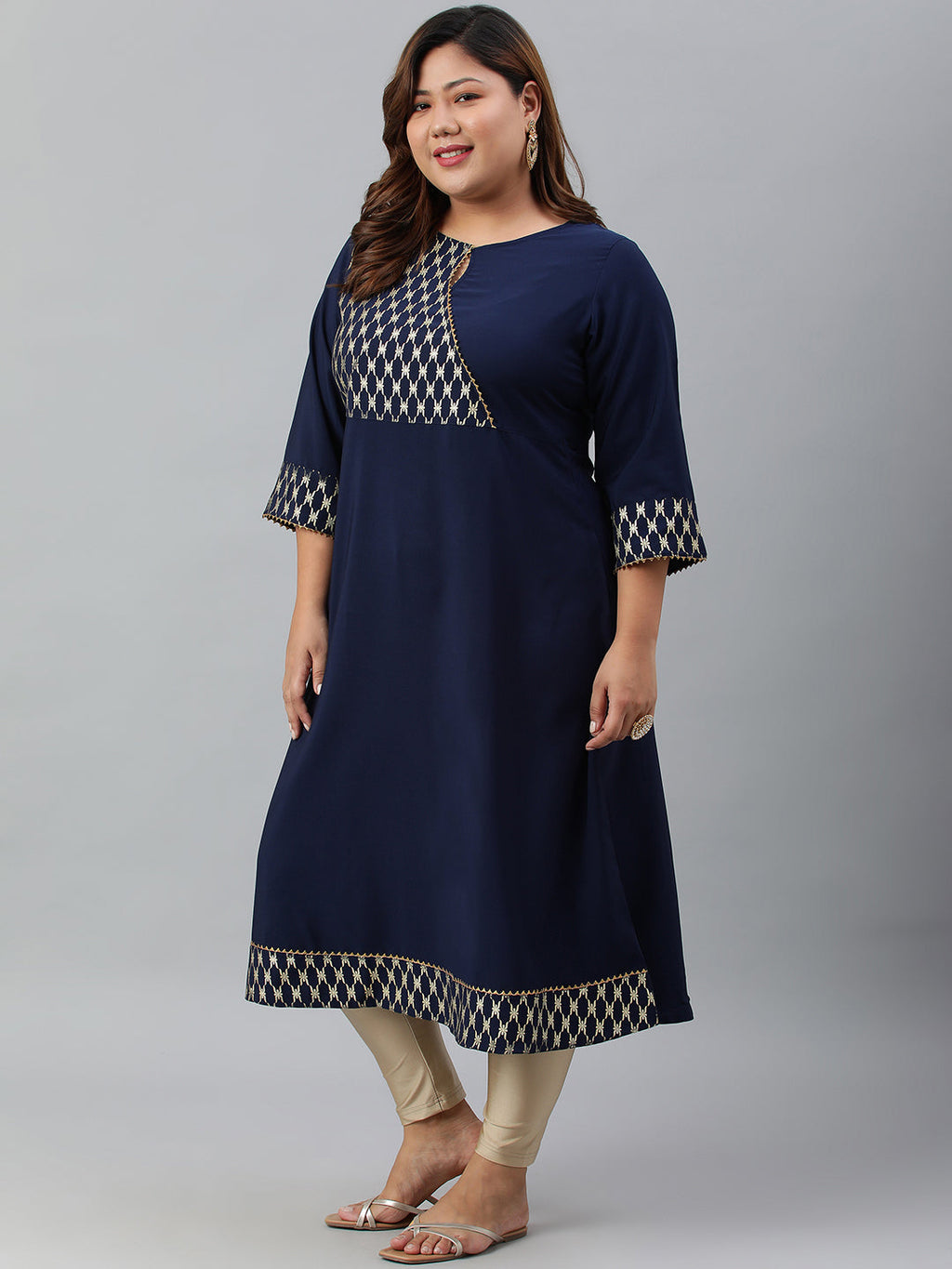 Janasya Women's Navy Blue Poly Crepe Ethnic Motifs Festive & Party A-line kurta