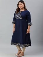 Janasya Women's Navy Blue Poly Crepe Ethnic Motifs Festive & Party A-line kurta