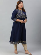 Janasya Women's Navy Blue Poly Crepe Ethnic Motifs Festive & Party A-line kurta