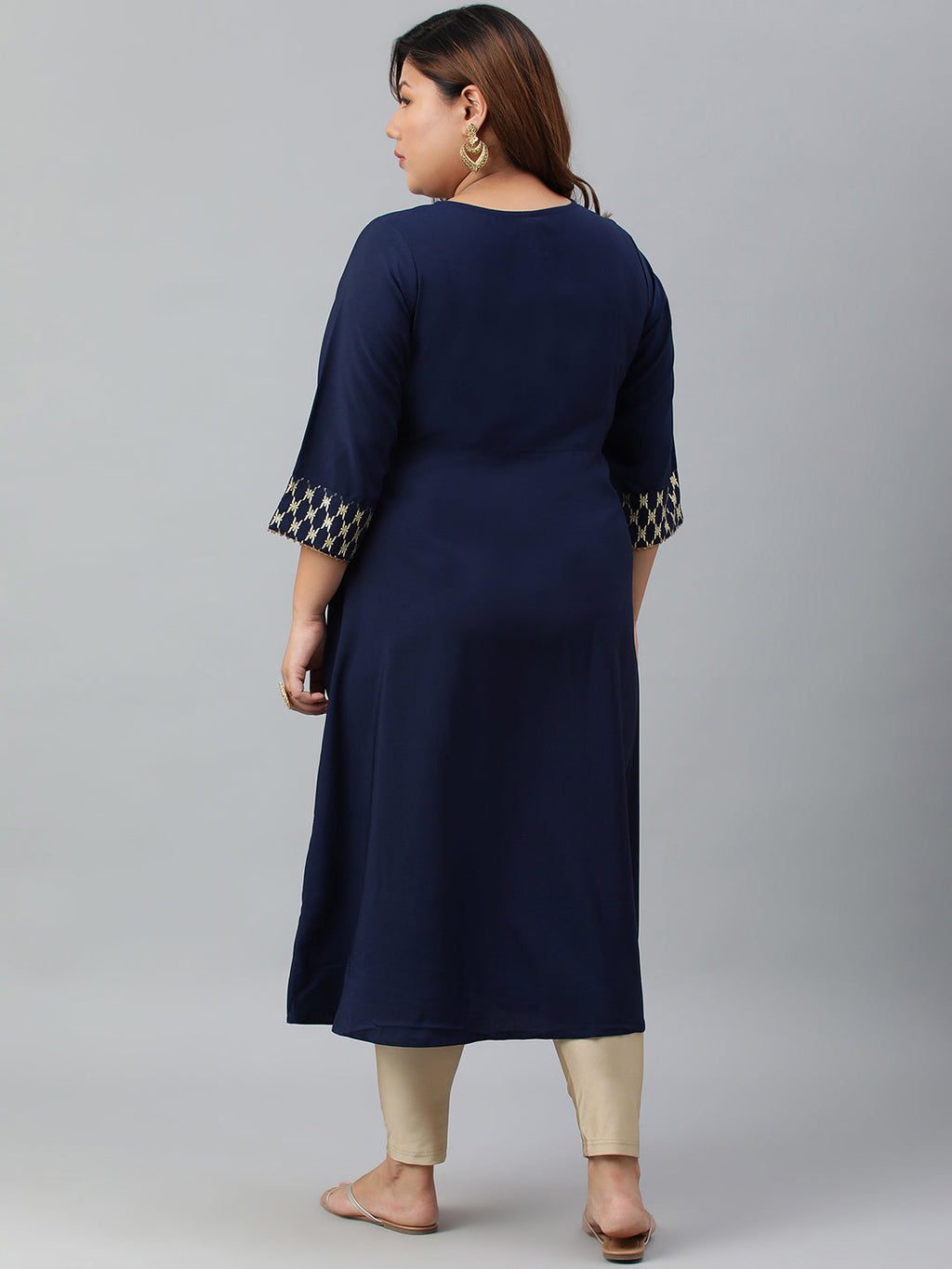 Janasya Women's Navy Blue Poly Crepe Ethnic Motifs Festive & Party A-line kurta