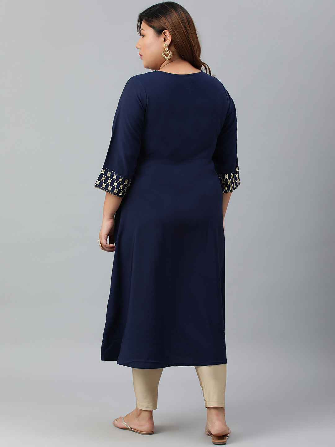 Janasya Women's Navy Blue Poly Crepe Ethnic Motifs Festive & Party A-line kurta