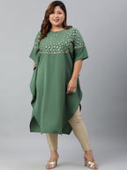 Janasya Women's Green Poly Crepe Foil Print Casual Kaftan kurta