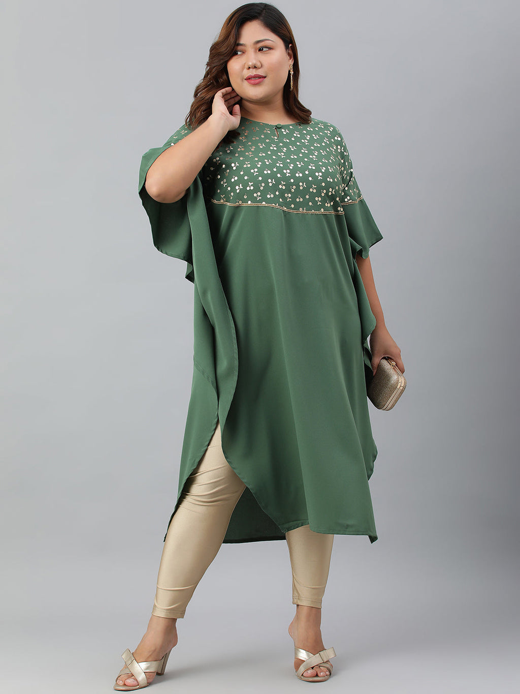 Janasya Women's Green Poly Crepe Foil Print Casual Kaftan kurta