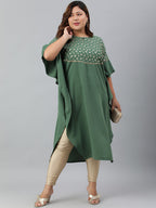 Janasya Women's Green Poly Crepe Foil Print Casual Kaftan kurta
