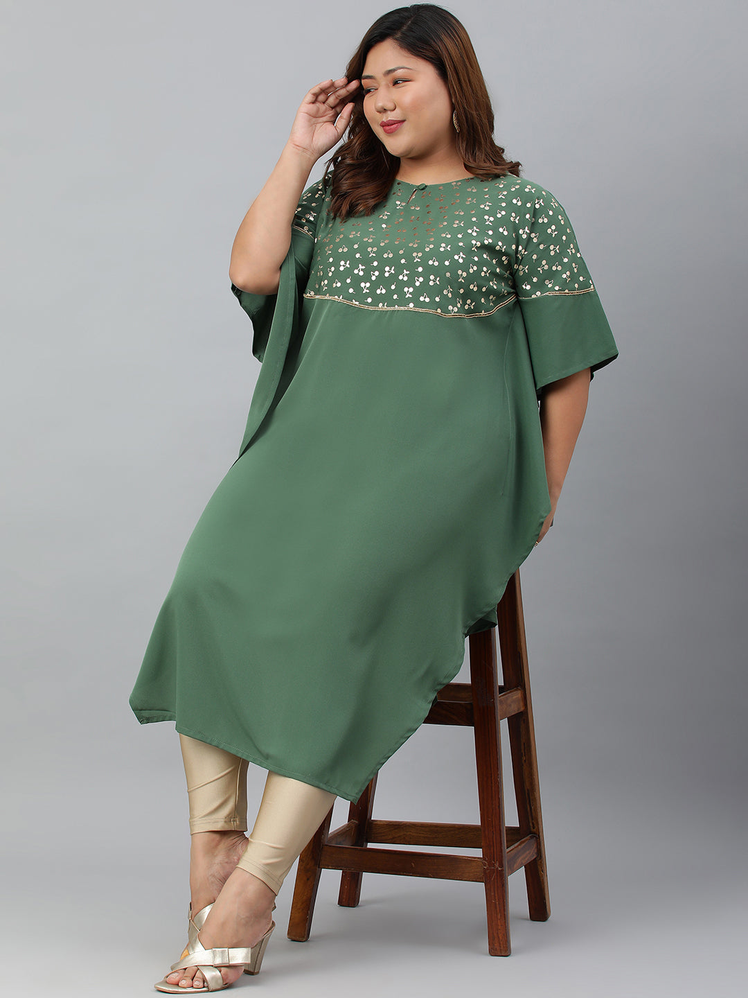 Janasya Women's Green Poly Crepe Foil Print Casual Kaftan kurta