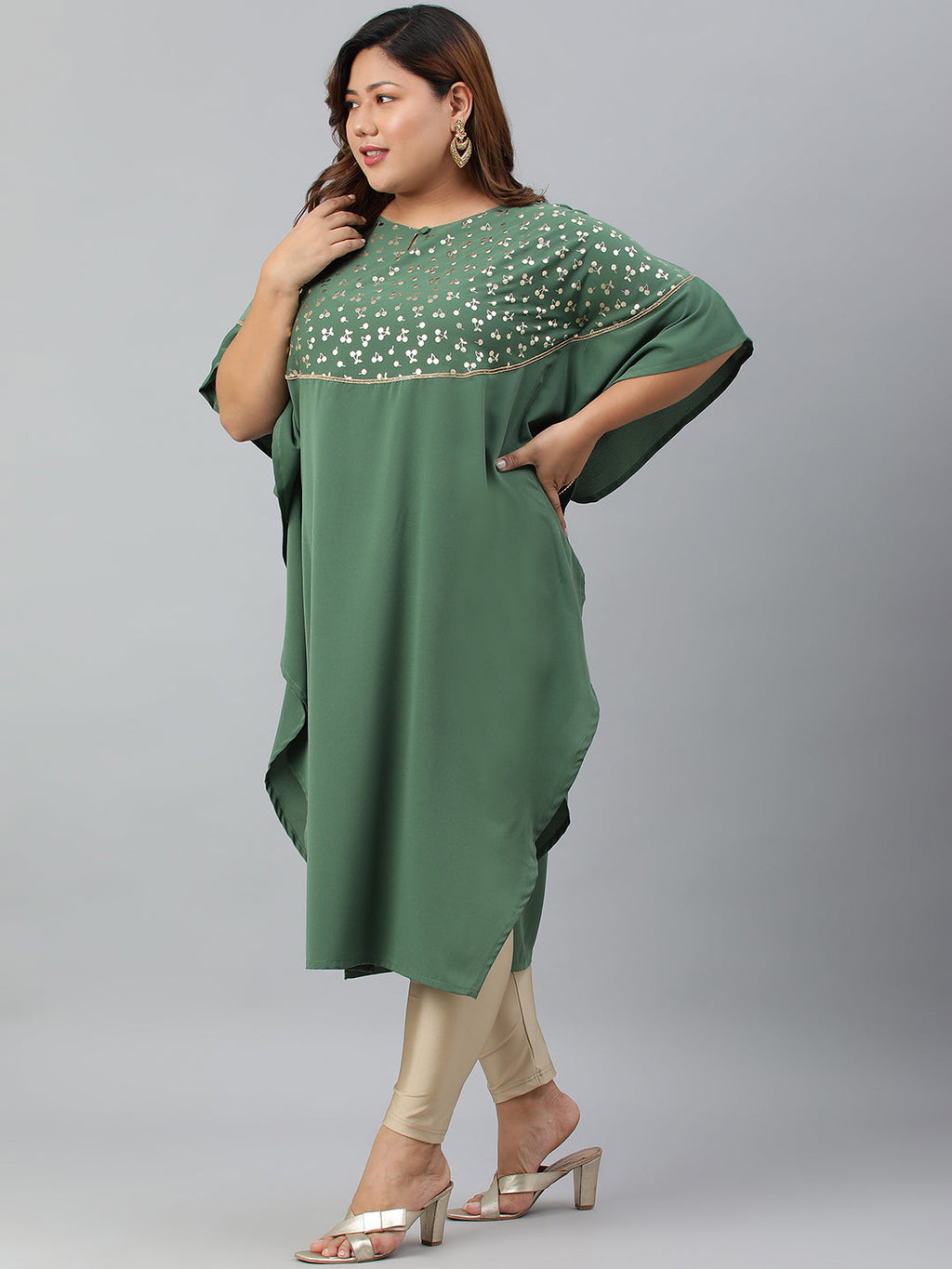 Janasya Women's Green Poly Crepe Foil Print Casual Kaftan kurta