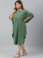 Janasya Women's Green Poly Crepe Foil Print Casual Kaftan kurta
