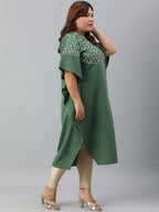 Janasya Women's Green Poly Crepe Foil Print Casual Kaftan kurta