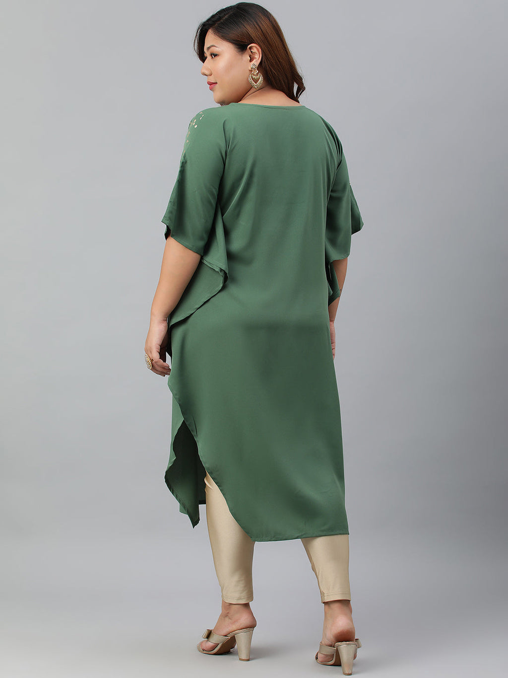 Janasya Women's Green Poly Crepe Foil Print Casual Kaftan kurta