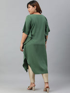 Janasya Women's Green Poly Crepe Foil Print Casual Kaftan kurta