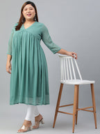 Indian Clothing Janasya Women's Green Poly Chiffon Self Design Casual Flared kurta
