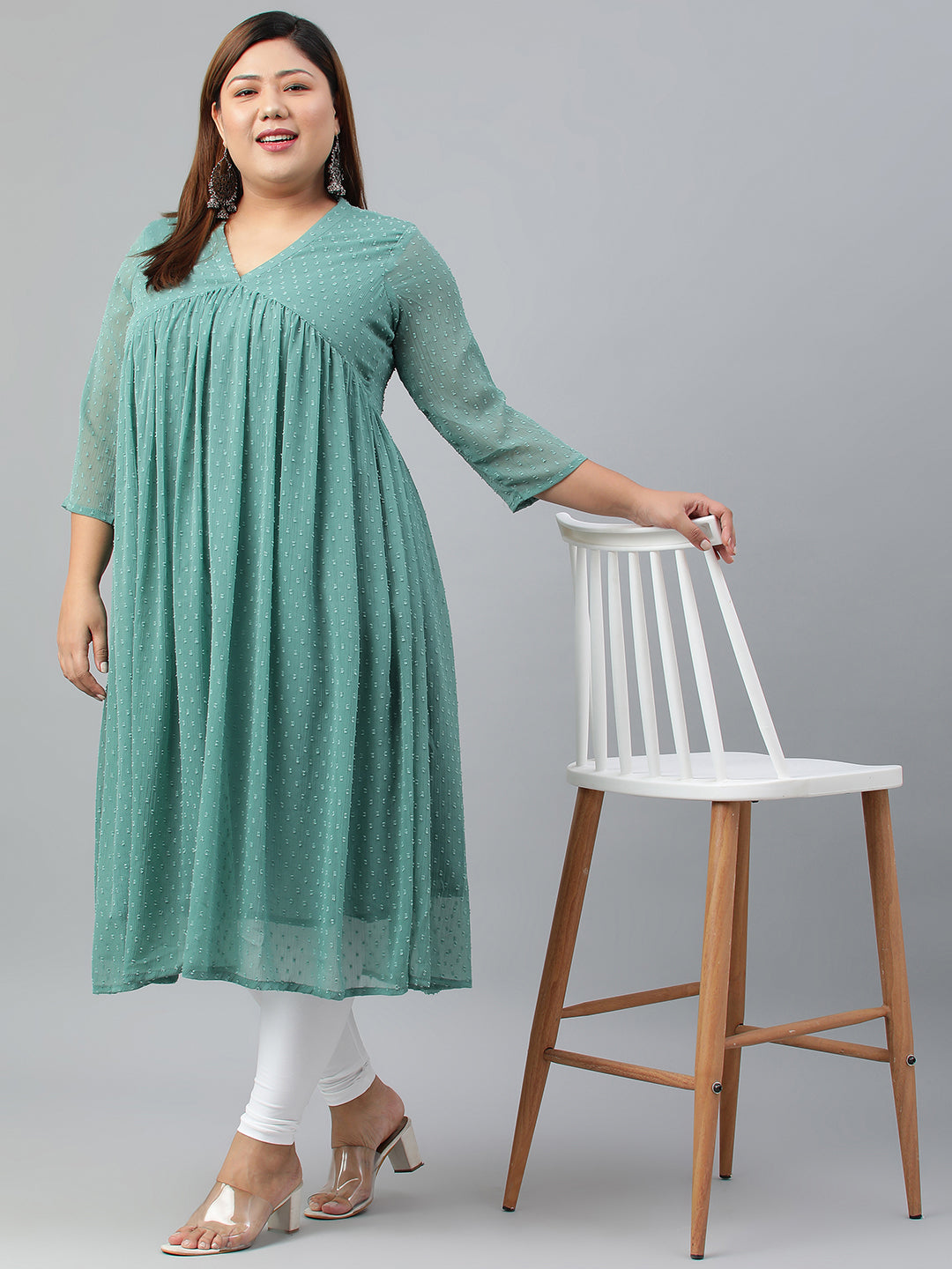Indian Clothing Janasya Women's Green Poly Chiffon Self Design Casual Flared kurta