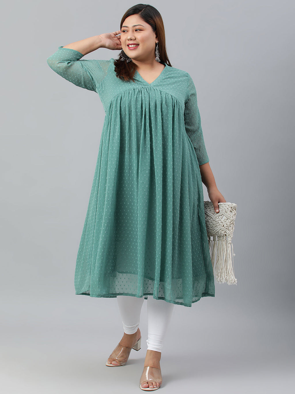 Indian Clothing Janasya Women's Green Poly Chiffon Self Design Casual Flared kurta
