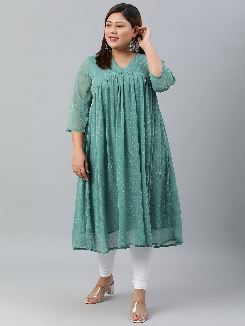 Indian Clothing Janasya Women's Green Poly Chiffon Self Design Casual Flared kurta