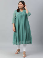 Indian Clothing Janasya Women's Green Poly Chiffon Self Design Casual Flared kurta