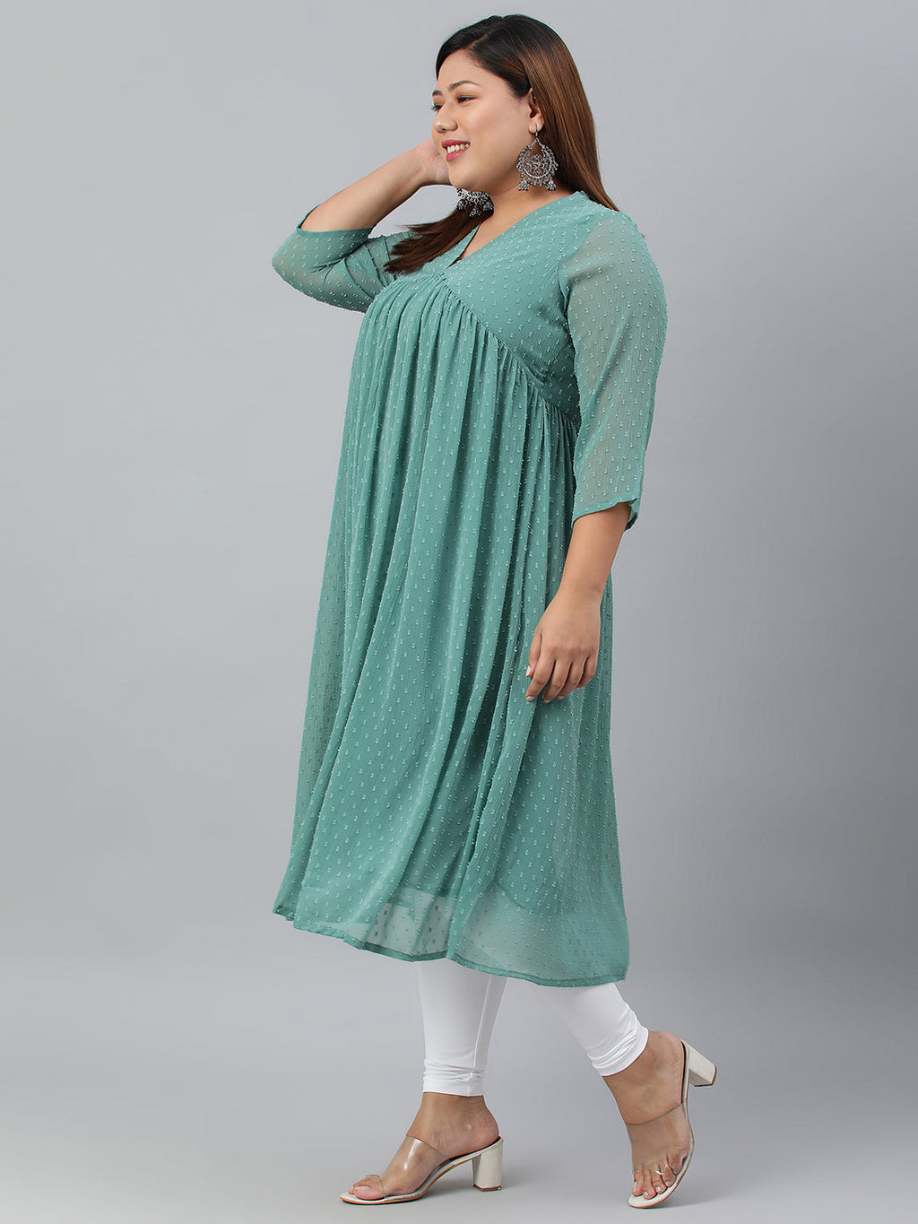 Indian Clothing Janasya Women's Green Poly Chiffon Self Design Casual Flared kurta