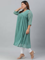 Indian Clothing Janasya Women's Green Poly Chiffon Self Design Casual Flared kurta