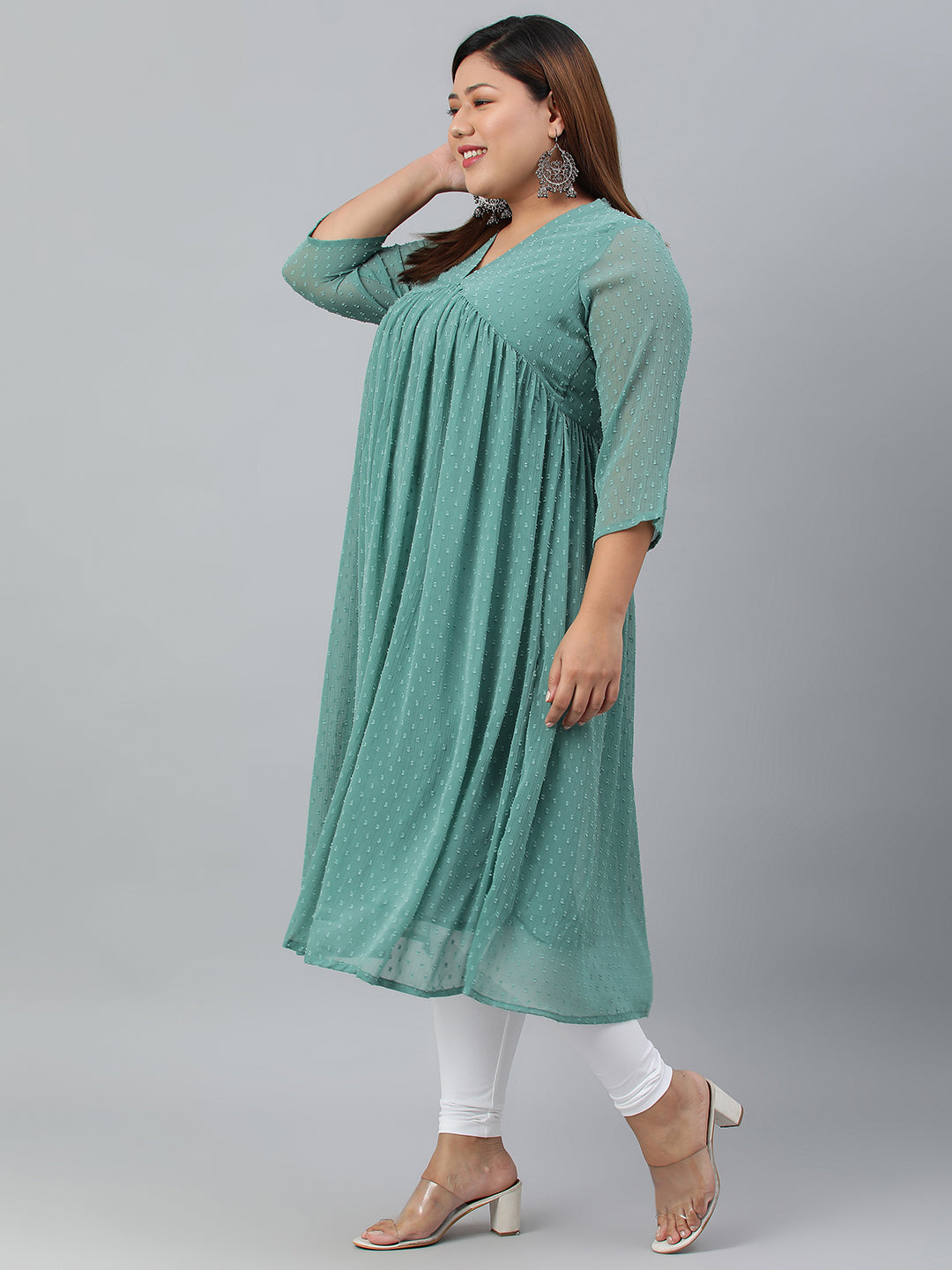 Indian Clothing Janasya Women's Green Poly Chiffon Self Design Casual Flared kurta