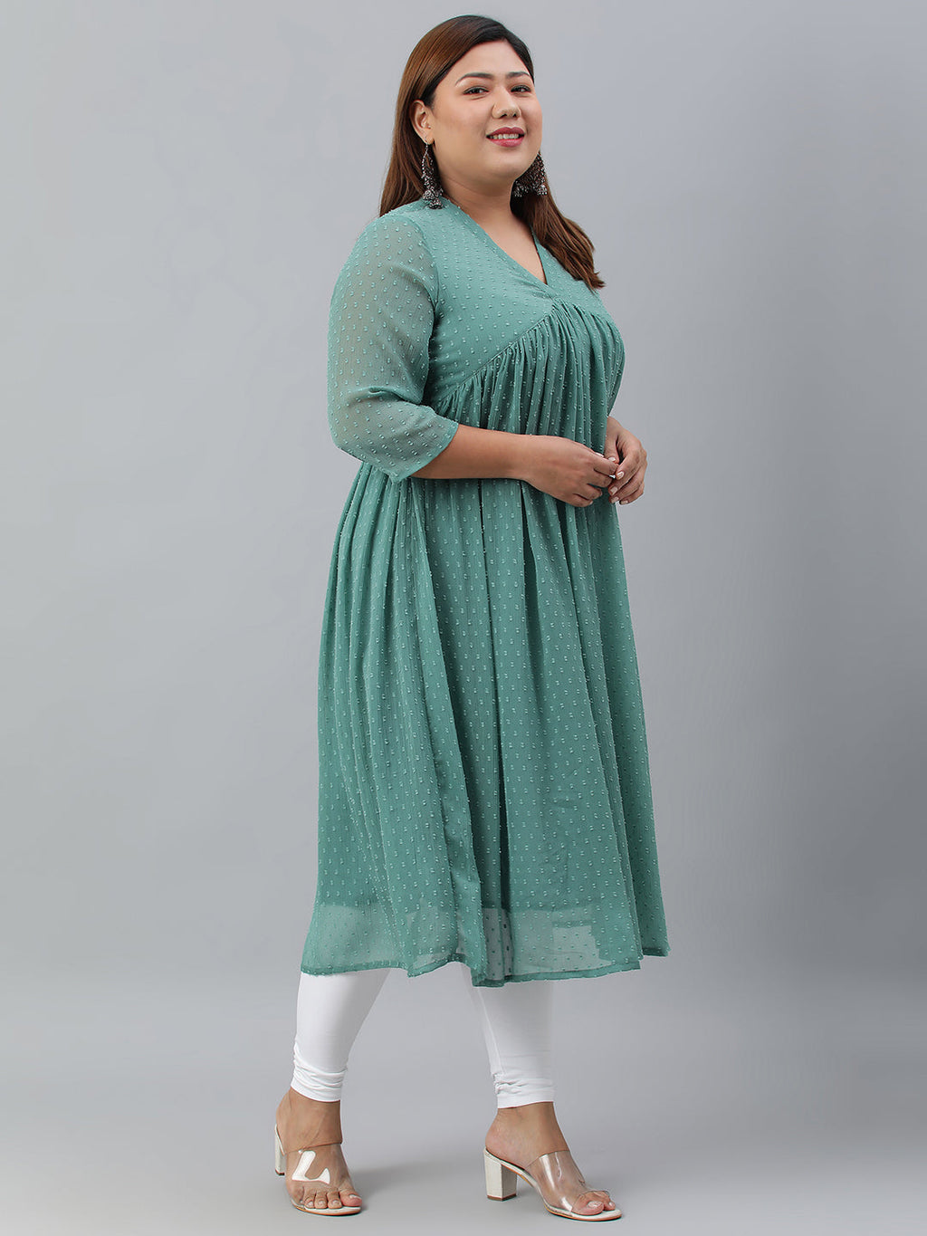 Indian Clothing Janasya Women's Green Poly Chiffon Self Design Casual Flared kurta