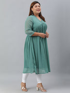 Indian Clothing Janasya Women's Green Poly Chiffon Self Design Casual Flared kurta