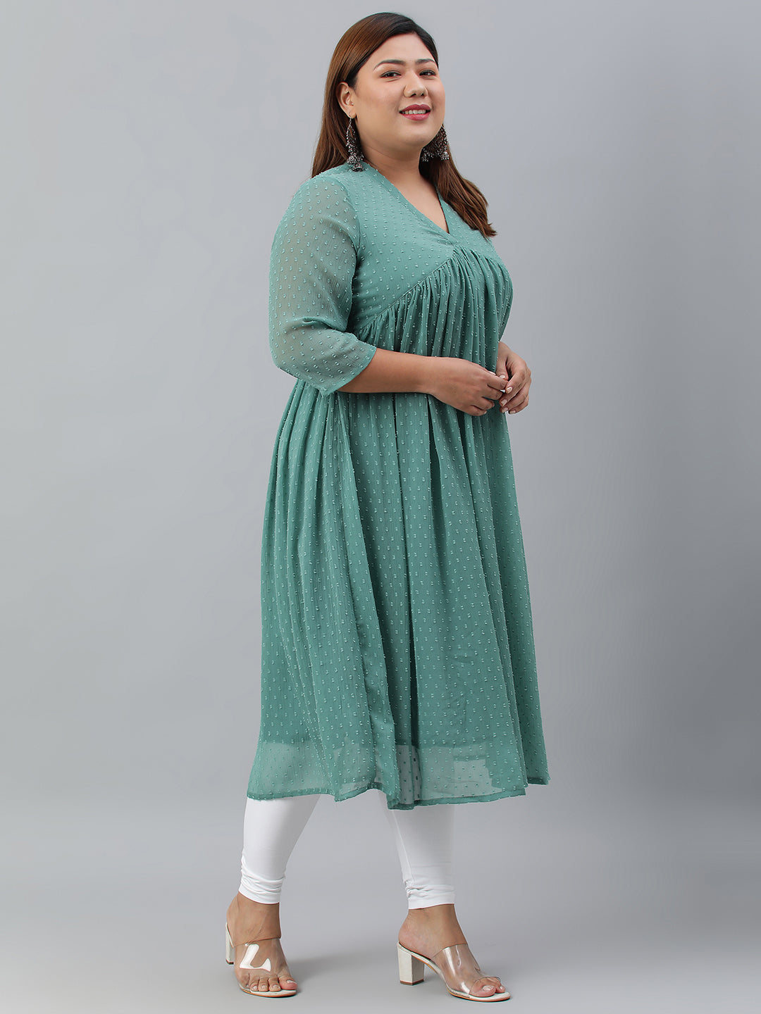 Indian Clothing Janasya Women's Green Poly Chiffon Self Design Casual Flared kurta
