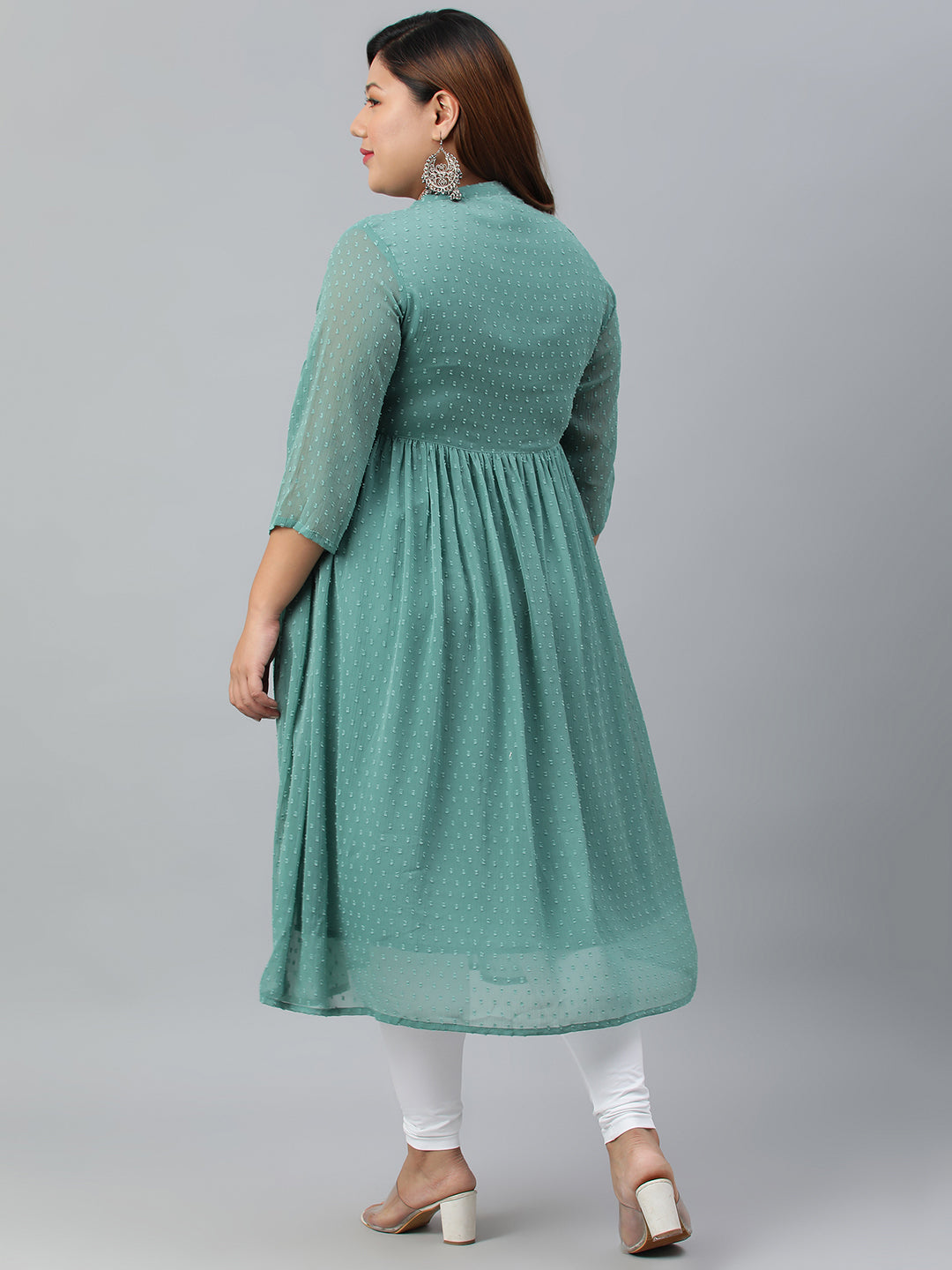 Indian Clothing Janasya Women's Green Poly Chiffon Self Design Casual Flared kurta