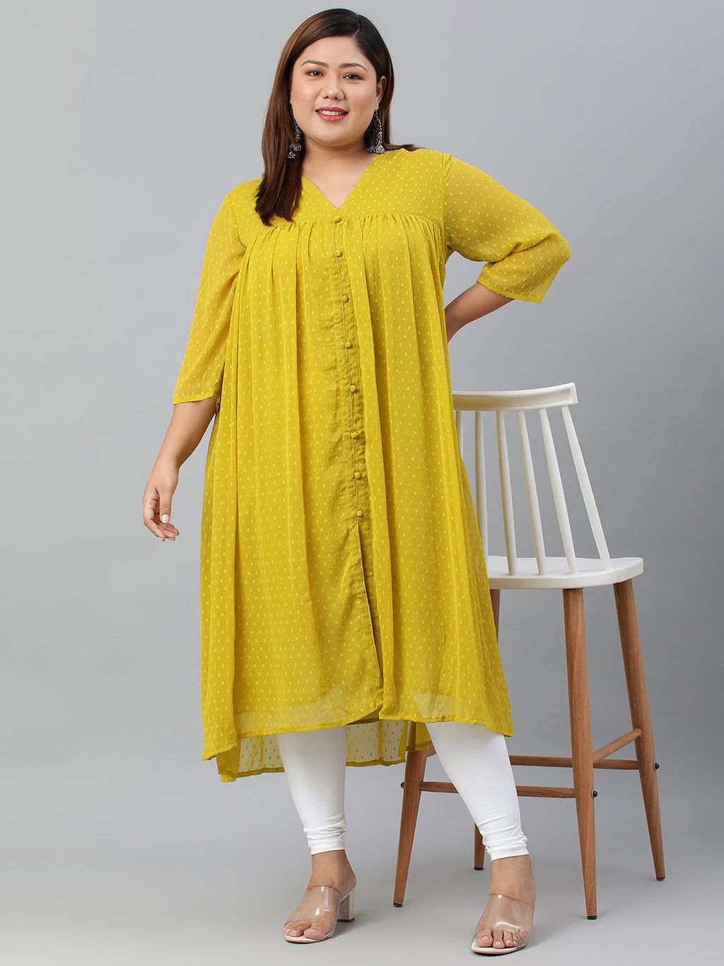 Janasya Women's Mustard Poly Chiffon Self Design Casual Flared kurta - Distacart