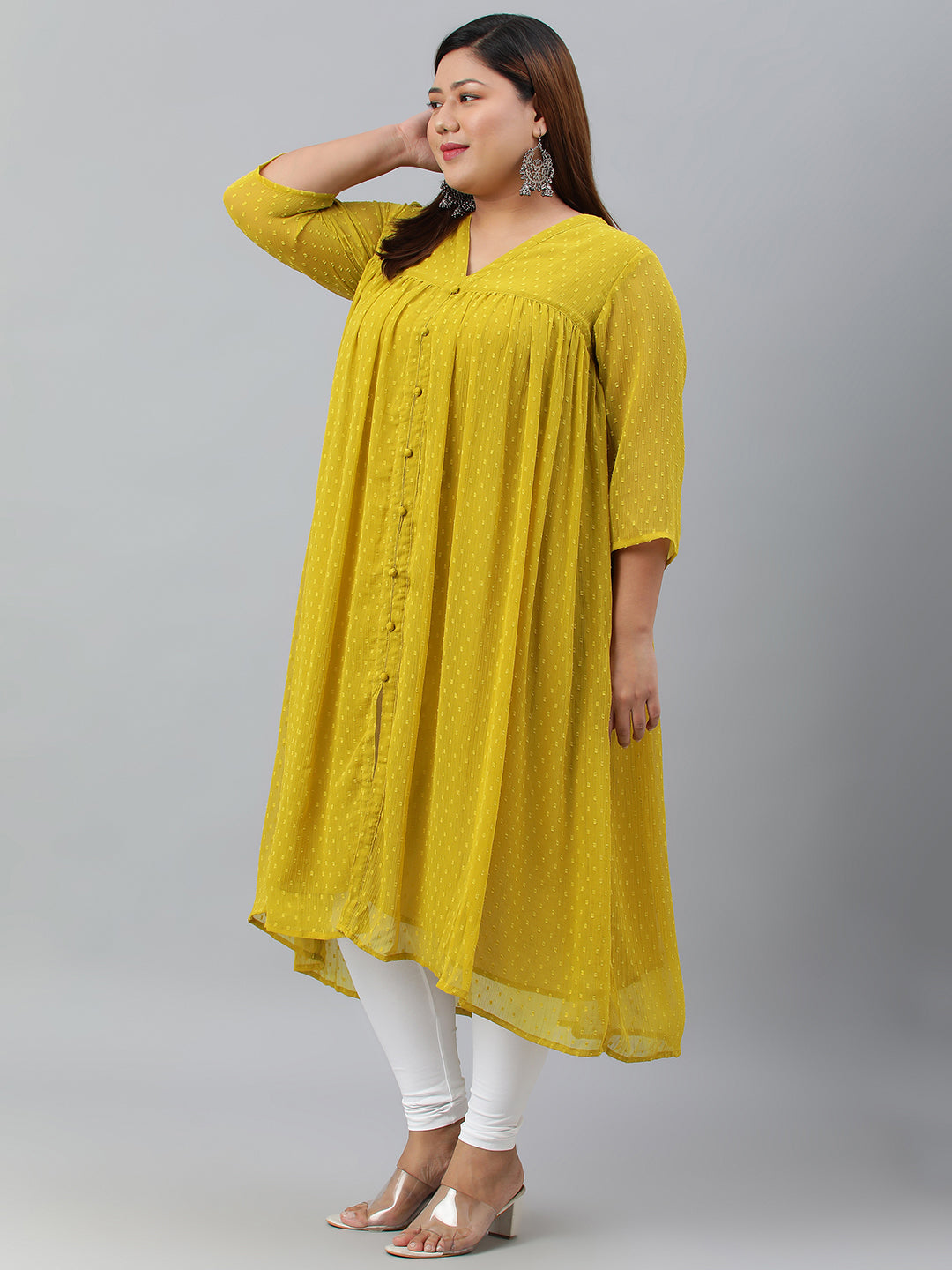 Janasya Women's Mustard Poly Chiffon Self Design Casual Flared kurta - Distacart