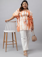 Janasya Women's Off White Cotton Tie Dye Casual Kaftan Tunic