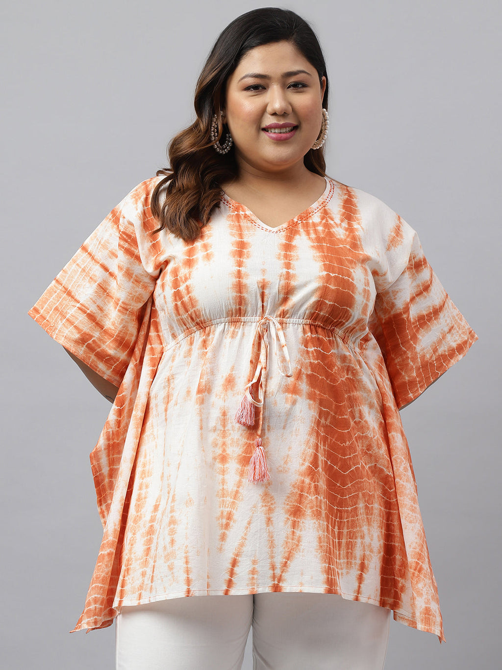 Janasya Women's Off White Cotton Tie Dye Casual Kaftan Tunic