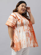 Janasya Women's Off White Cotton Tie Dye Casual Kaftan Tunic