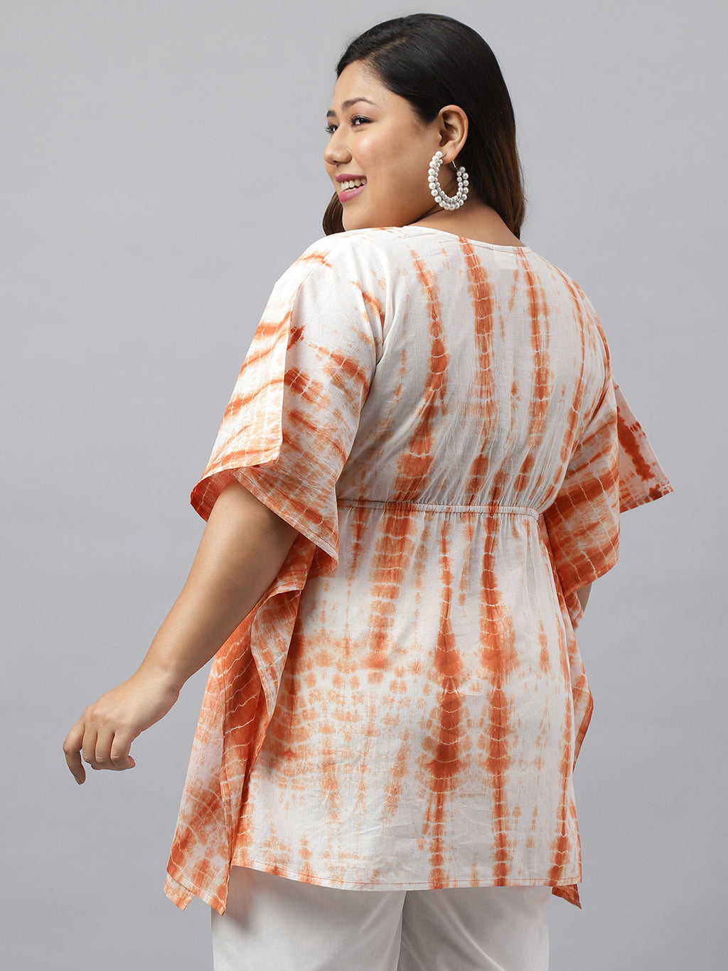 Janasya Women's Off White Cotton Tie Dye Casual Kaftan Tunic